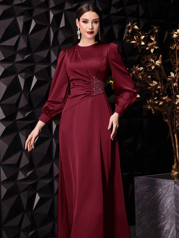 Women's Solid Color Lantern Sleeve Long Elegant Dress With Gathered Waist Detailing,