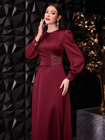 Women's Solid Color Lantern Sleeve Long Elegant Dress With Gathered Waist Detailing,