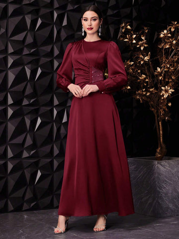 Women's Solid Color Lantern Sleeve Long Elegant Dress With Gathered Waist Detailing,