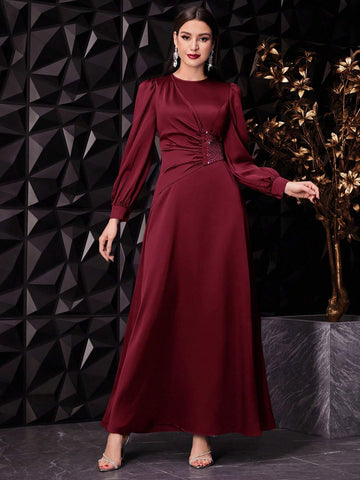 Women's Solid Color Lantern Sleeve Long Elegant Dress With Gathered Waist Detailing,