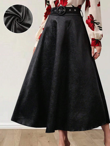 Modely Women's Solid Color Long Elegant A-Line Skirt With Eyelet Waist Design