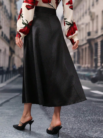 Modely Women's Solid Color Long Elegant A-Line Skirt With Eyelet Waist Design