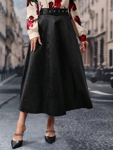 Modely Women's Solid Color Long Elegant A-Line Skirt With Eyelet Waist Design