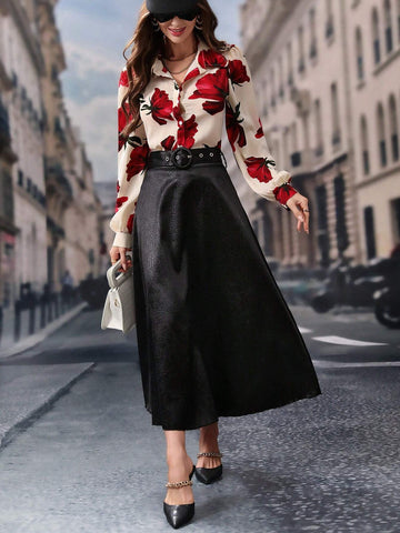 Modely Women's Solid Color Long Elegant A-Line Skirt With Eyelet Waist Design