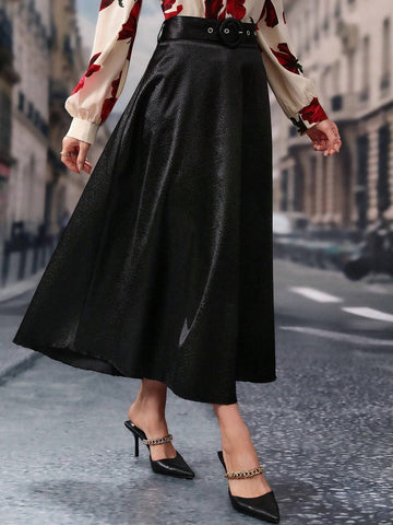 Modely Women's Solid Color Long Elegant A-Line Skirt With Eyelet Waist Design