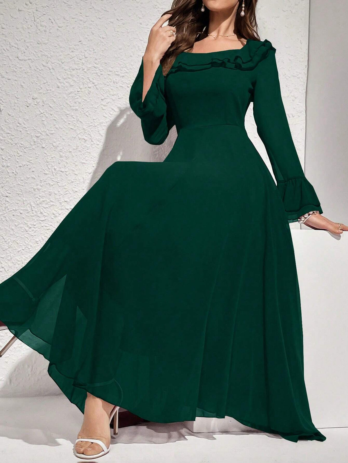 Women's Solid Color Long Sleeve Ruffle A-Line Maxi Dress For Spring/Summer