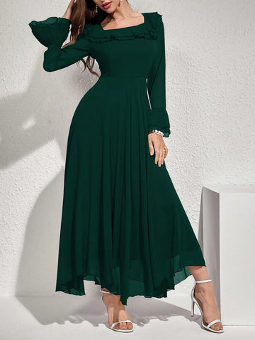 Women's Solid Color Long Sleeve Ruffle A-Line Maxi Dress For Spring/Summer