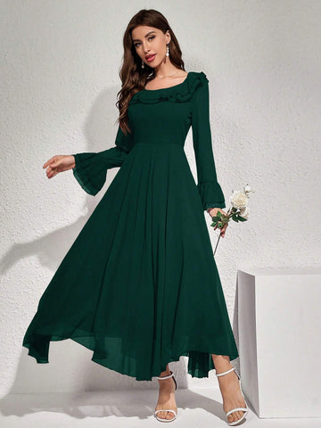Women's Solid Color Long Sleeve Ruffle A-Line Maxi Dress For Spring/Summer