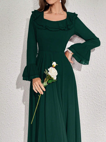 Women's Solid Color Long Sleeve Ruffle A-Line Maxi Dress For Spring/Summer