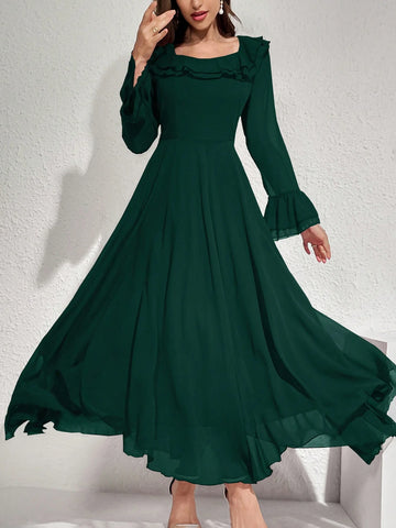 Women's Solid Color Long Sleeve Ruffle A-Line Maxi Dress For Spring/Summer