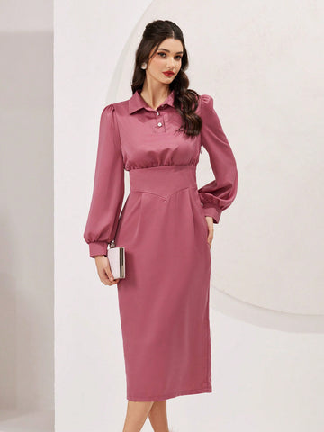 Women's Solid Color Long Sleeve Shirt Dress