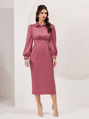 Women's Solid Color Long Sleeve Shirt Dress