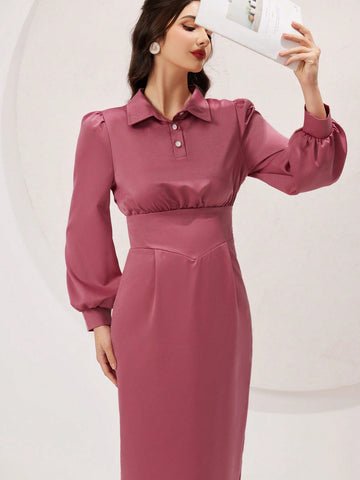 Women's Solid Color Long Sleeve Shirt Dress