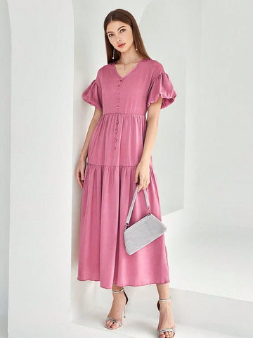 Women's Solid Color Lotus Leaf Hem V Neck Dress