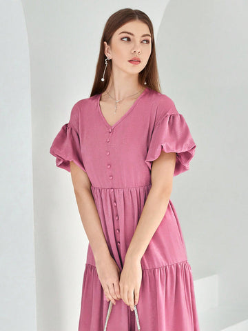 Women's Solid Color Lotus Leaf Hem V Neck Dress
