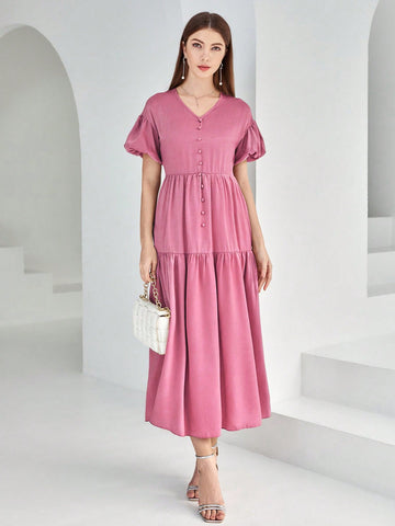 Women's Solid Color Lotus Leaf Hem V Neck Dress
