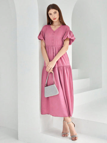 Women's Solid Color Lotus Leaf Hem V Neck Dress