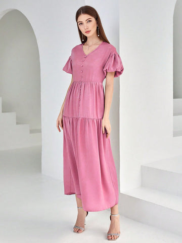 Women's Solid Color Lotus Leaf Hem V Neck Dress