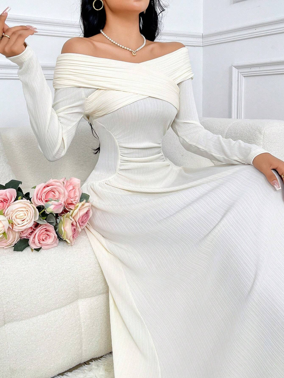 Women's Solid Color Off-Shoulder Long Sleeve Ruched Dress, Spring/Summer