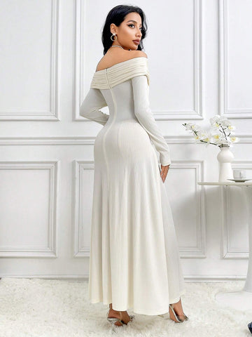 Women's Solid Color Off-Shoulder Long Sleeve Ruched Dress, Spring/Summer