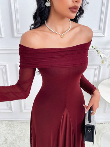 Women's Solid Color Off Shoulder Long Sleeve Slim Fit Dress