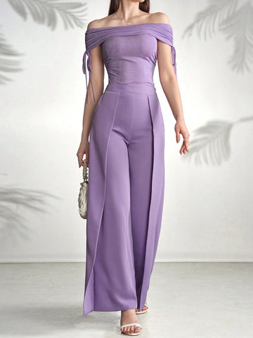 Women's Solid Color One-Shoulder Short Sleeve Top And Long Pants Elegant Summer Two-Piece Set