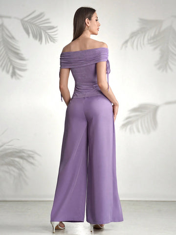 Women's Solid Color One-Shoulder Short Sleeve Top And Long Pants Elegant Summer Two-Piece Set