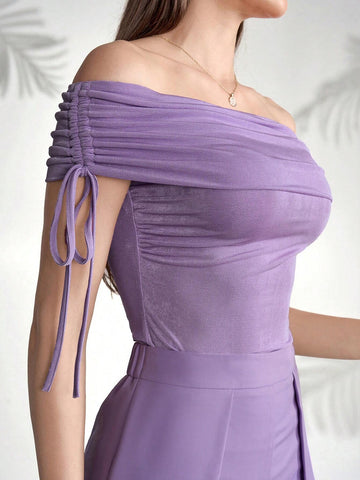 Women's Solid Color One-Shoulder Short Sleeve Top And Long Pants Elegant Summer Two-Piece Set