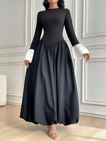 Women's Solid Color Patchwork Long Sleeve Round Neck Simple Pleated Casual Dress