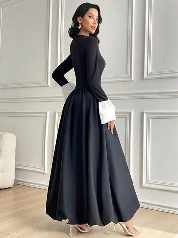 Women's Solid Color Patchwork Long Sleeve Round Neck Simple Pleated Casual Dress