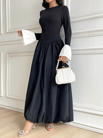 Women's Solid Color Patchwork Long Sleeve Round Neck Simple Pleated Casual Dress