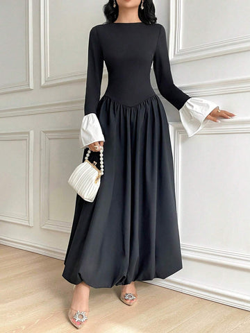 Women's Solid Color Patchwork Long Sleeve Round Neck Simple Pleated Casual Dress