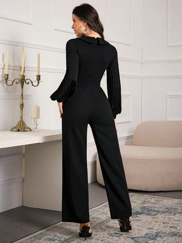 Women's Solid Color Peter Pan Collar Pleated Lantern Sleeve Wide Leg Elegant Jumpsuit