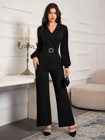 Women's Solid Color Peter Pan Collar Pleated Lantern Sleeve Wide Leg Elegant Jumpsuit