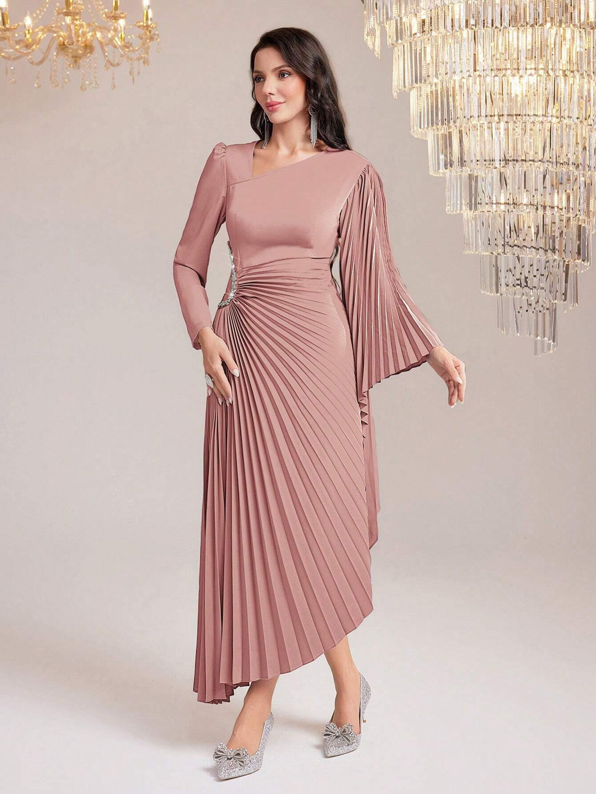 Women's Solid Color Pleated Dress With Asymmetric Hemline & Rhinestone Decor