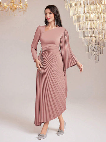 Women's Solid Color Pleated Dress With Asymmetric Hemline & Rhinestone Decor