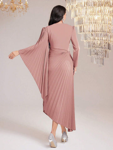 Women's Solid Color Pleated Dress With Asymmetric Hemline & Rhinestone Decor