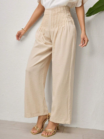 Modely Women's Solid Color Pleated Elastic Waist Casual Straight-Leg Pants
