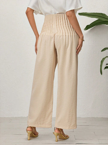 Modely Women's Solid Color Pleated Elastic Waist Casual Straight-Leg Pants