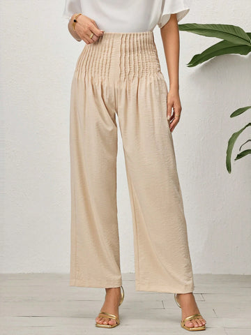 Modely Women's Solid Color Pleated Elastic Waist Casual Straight-Leg Pants