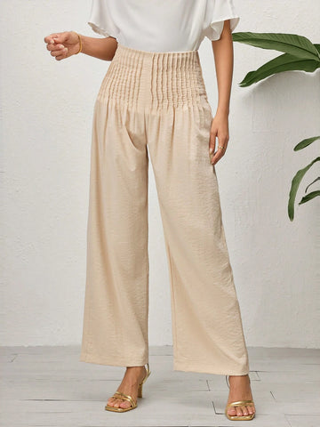Modely Women's Solid Color Pleated Elastic Waist Casual Straight-Leg Pants