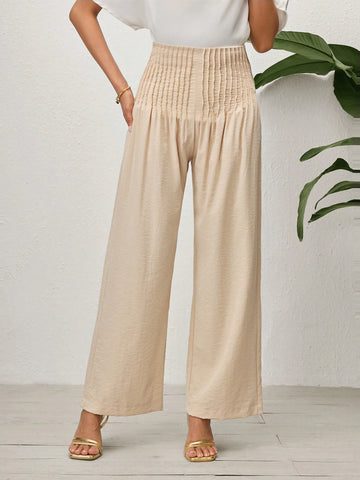 Modely Women's Solid Color Pleated Elastic Waist Casual Straight-Leg Pants