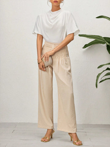 Modely Women's Solid Color Pleated Elastic Waist Casual Straight-Leg Pants