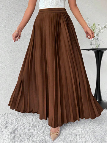 Modely Women's Solid Color Pleated Maxi Casual Skirt