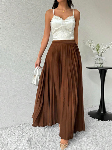 Modely Women's Solid Color Pleated Maxi Casual Skirt