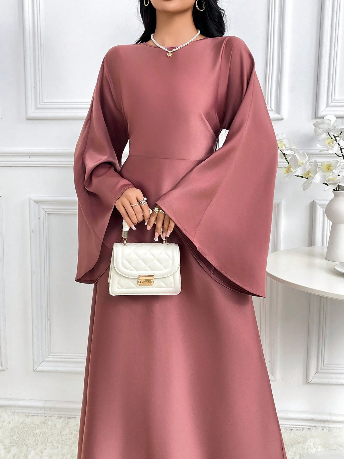 Women's Solid Color Round Neck Bell Sleeve Dress, Spring Autumn