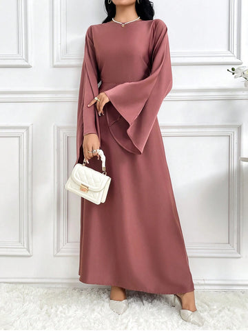 Women's Solid Color Round Neck Bell Sleeve Dress, Spring Autumn