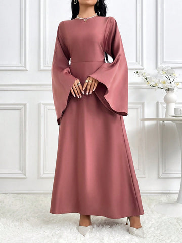 Women's Solid Color Round Neck Bell Sleeve Dress, Spring Autumn