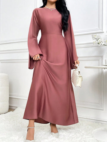 Women's Solid Color Round Neck Bell Sleeve Dress, Spring Autumn
