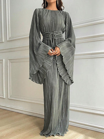 Women's Solid Color Round Neck Belted Elegant Long Sleeve Dress